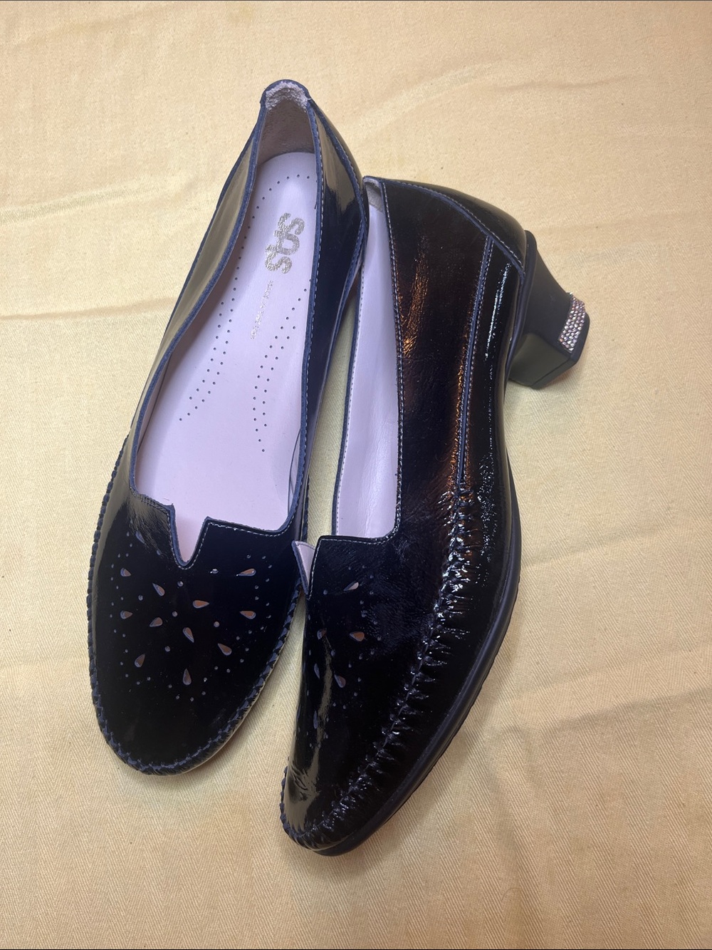 SAS Black Patent Leather Laser-Cut Loafers with Low Block Heel